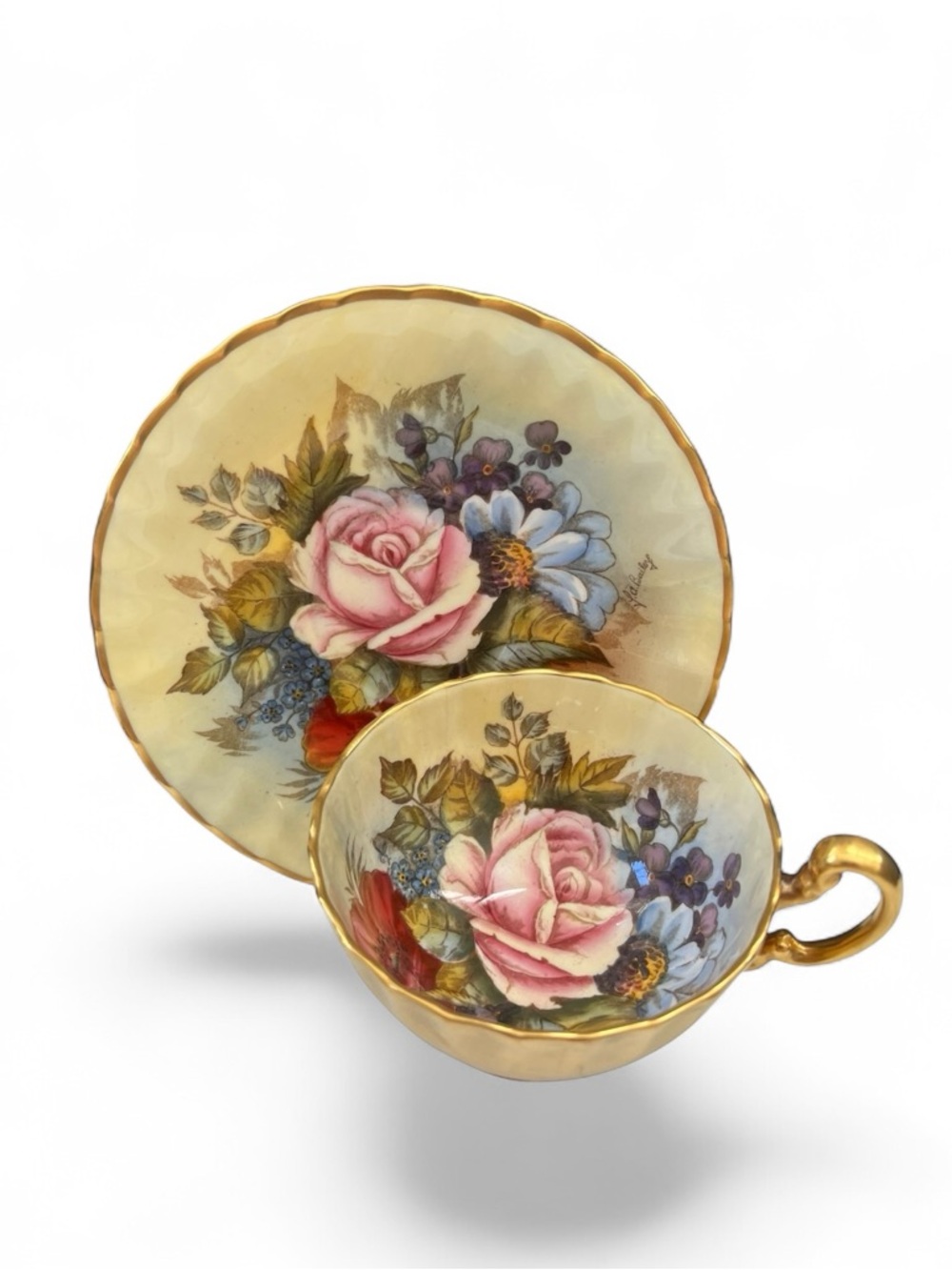 Vintage Signed Aynsley England Bone China Golden Cabbage Rose Tea Cup Saucer